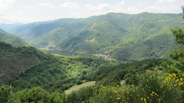 Westanfahrt: Blick ins Tal des Montone in Richtung Passo del Muraglione.