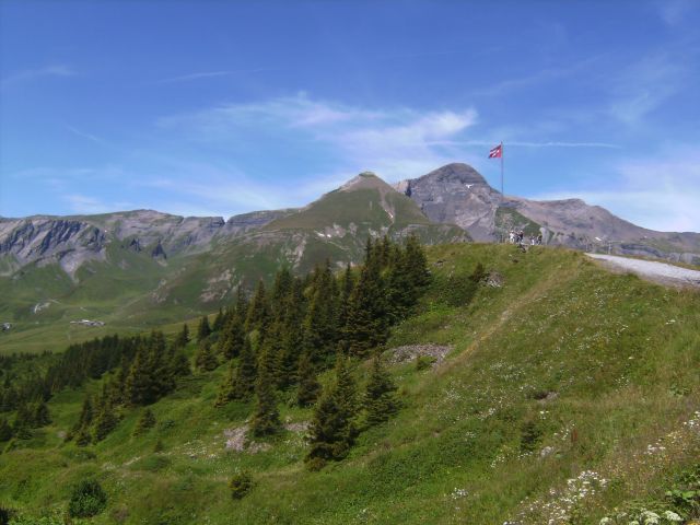 Blick von der Passhöhe in Richtung Alp Grindel / Grindel Oberläger.