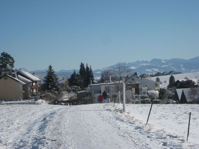 Schneebedeckte Strasse in 680m Höhe. Im Hintergrund die Glarner Alpen