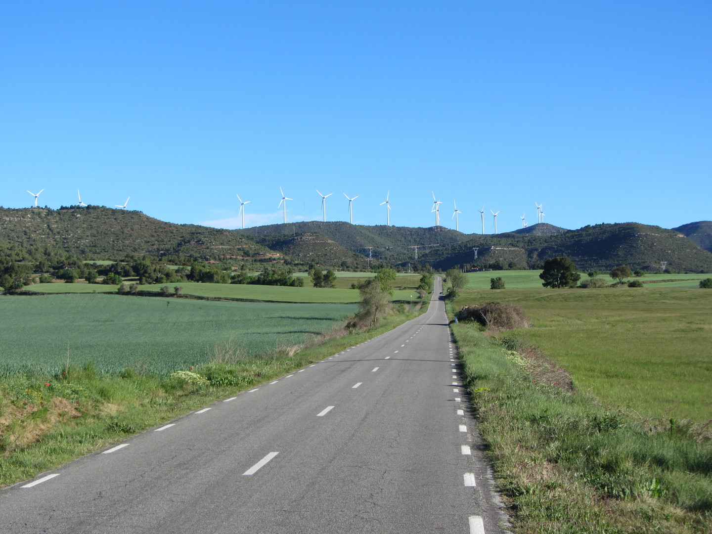 Von Igualada: Stramm auf die Serra zu. Der im Text erwähnte Còpia de Palomes ist die erste Kuppe von rechts, auf bzw. hinter der Windkraftanlagen stehen.