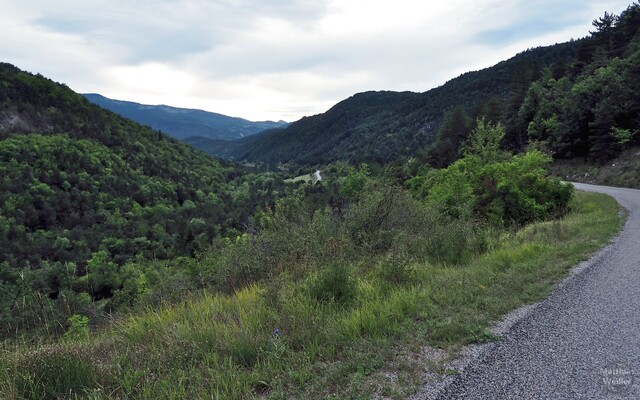 Westauffahrt: Blick in das waldhügelige obere Drôme-Tal