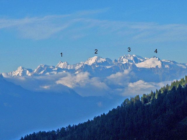 1=Grand Jorasses(4208m), 2=M.Blanc(4801m), 3=AguilleVerte(4122m), 4=Aigulle du Tour(3504m).