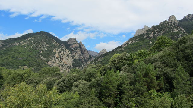 Die Felsen des Caroux oberhalb des Tals des Orb.