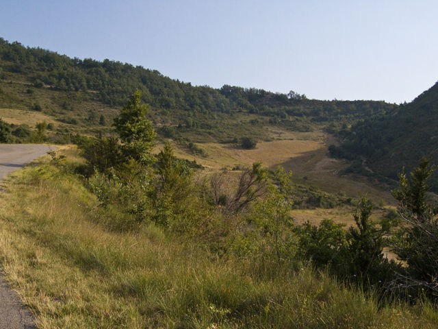 Eine weite Schleife in der Almlandschaft ist noch zu fahren, oben rechts versteckt sich die Passhöhe hinter dem Hügel.