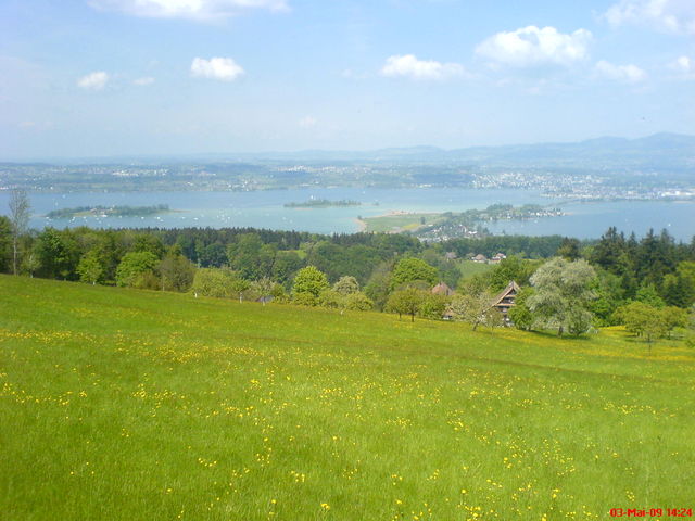 Aussicht auf den oberen Zürichsee mit dem Damm von Rapperswil (im Hintergrund, 409 m ü. M., Kanton St. Gallen), darüber rechts aussen der Bachtel, 1110 m ü. M., ein weitherum sichbarer Berg im Zürcher Oberland. Im Zürichsee die Inseln Ufenau und Lützelau.