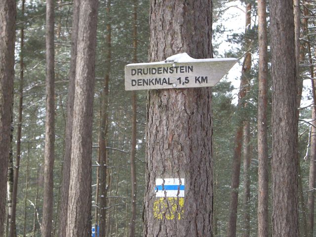 Nach dem Autoparkplatz geht es mal links rein in einen Waldweg, dort ist das Druidenstein Denkmal ausgeschildert.