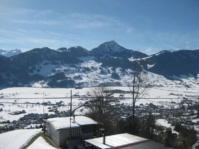 Abfahrt nach Schwyz, unten im Tal das 447m hohe, zugefrorene Lauerzersee