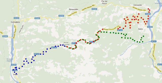 Die drei Zoncolan-Auffahrten.
Rot - Sutrio (Giro 2003);
grün - Priola;
blau - Ovaro (Giro 2007)