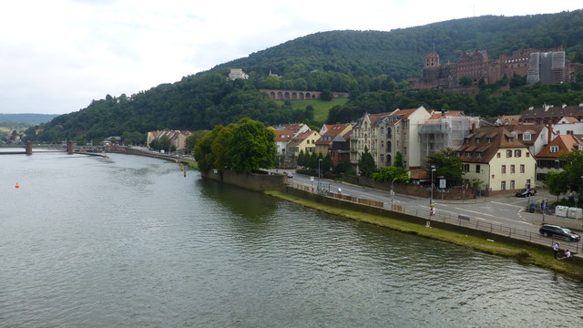 Heidelberg von der Alten Brücke. rechts Schloss, links Staustufe