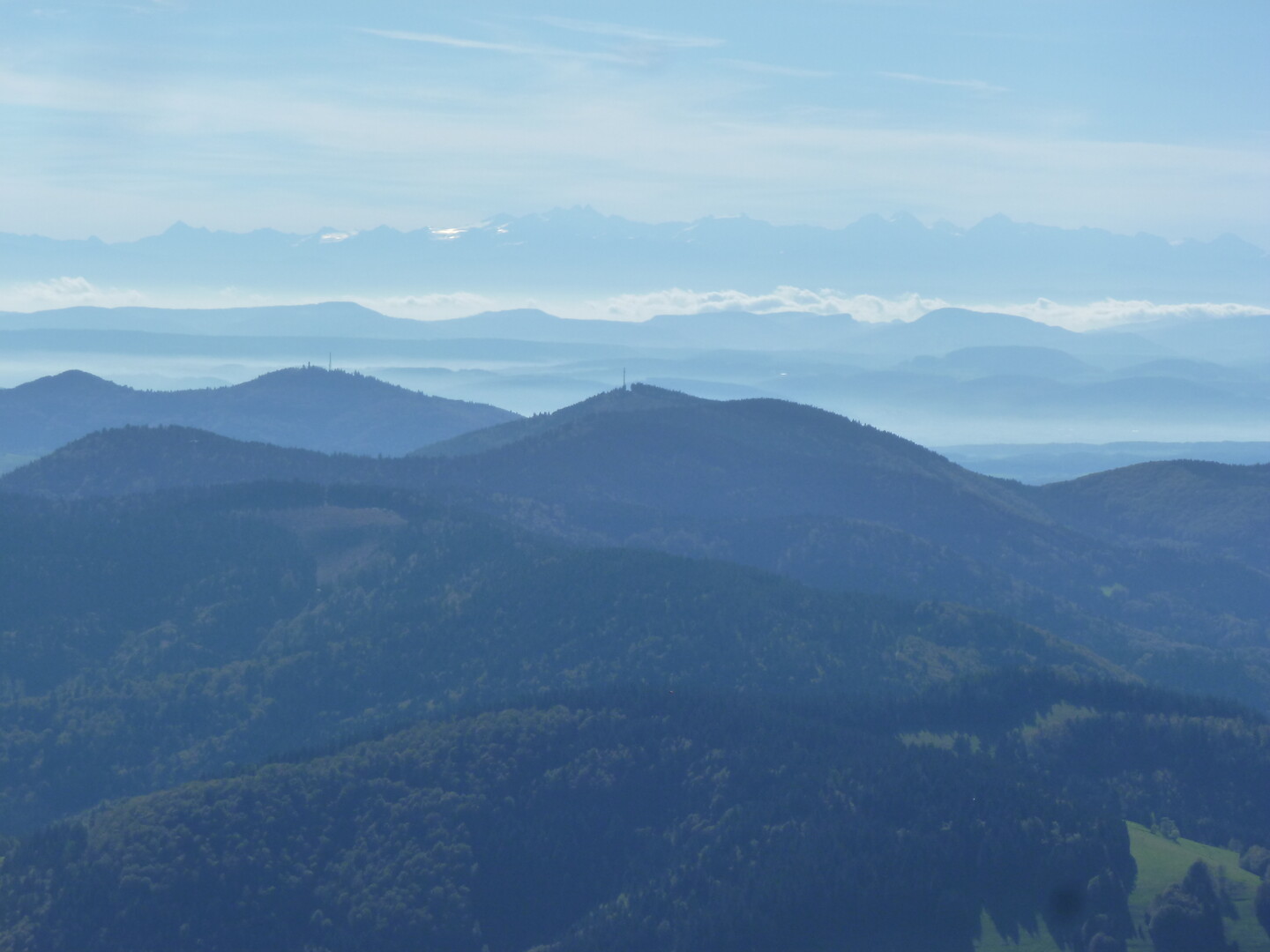 Hinter den Schwarzwaldgipfeln sind die Alpen zu sehen