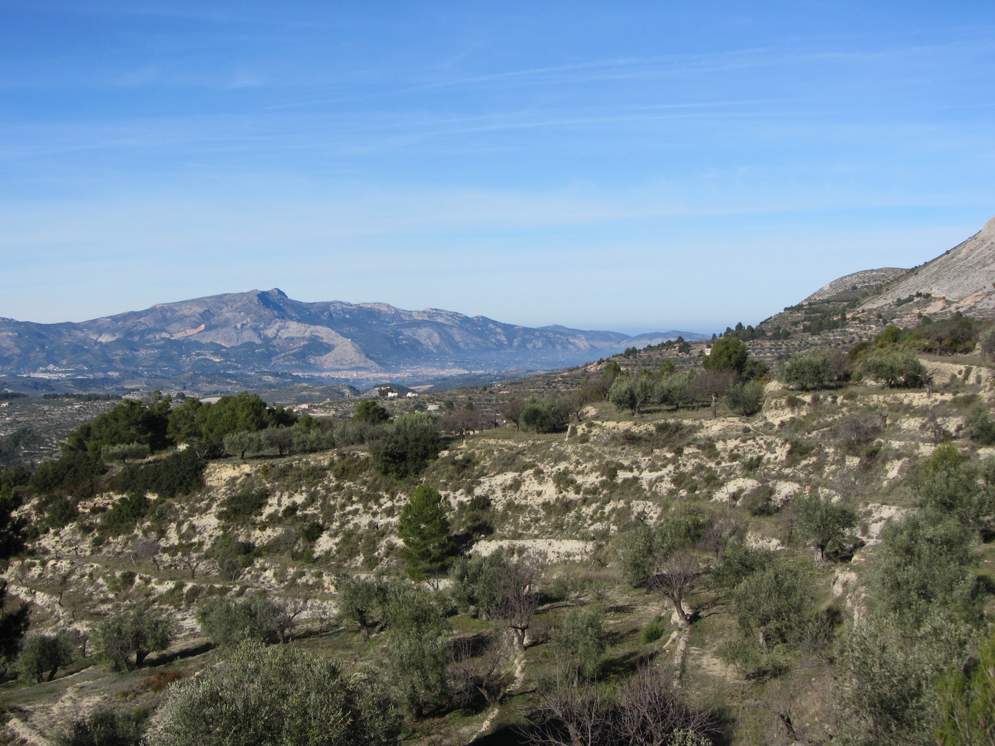 Westseite: Karge Landschaft mit Blick auf Alcoi und die Serra de Mariola.