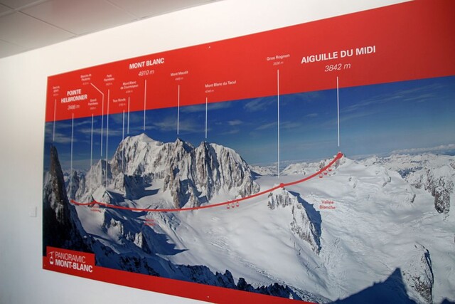 Übersichtstafel mit dem Streckenverlauf der Pendelbahn über den Gletscher zum Aiguille de Midi