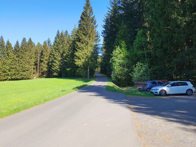 Wanderparkplatz und Beginn des steileren Waldabschnittes.