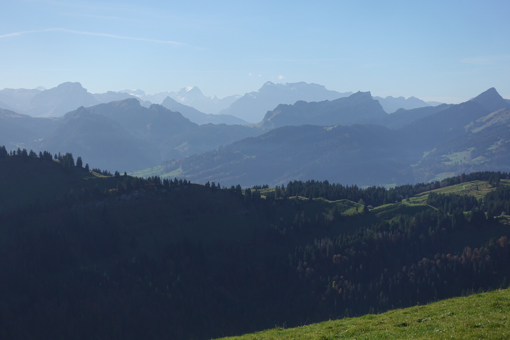 Blick in die Glarner Alpen vom Hochpunkt aus. Der Tödi ragt mit seinem Gletscher hervor.